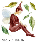 Little fairy elf with green leaves. With wings, in an elegant dark red suit, in a sitting pose. Watercolor illustration for children's products, label design, clothing, postcards, dishes, etc. Стоковая иллюстрация, иллюстратор Larisa Hamukova / Фотобанк Лори