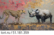 Savannah Showdown: Stealthy Cheetah Confronts Mighty Rhino. Стоковое AI-изображение, AI-художник Konstantin Plotnikov / Фотобанк Лори