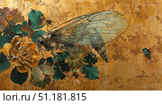 Golden Enchantment: The Cicada's Floral Symphony. Стоковое AI-изображение, AI-художник Konstantin Plotnikov / Фотобанк Лори
