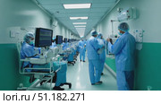 A team of healthcare workers in protective gear assists patients and communicates in a hospital corridor, showcasing teamwork. Стоковое AI-видео, аниматор Данила Большаков / Фотобанк Лори