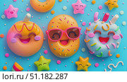 Brightly colored donuts with playful faces sit against a vibrant blue background, surrounded by sprinkles and decorative stars. Стоковое AI-видео, аниматор Данила Большаков / Фотобанк Лори