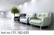 Stylish waiting area with modern chairs and indoor greenery. Стоковое AI-изображение, AI-художник Katsiaryna Repich / Фотобанк Лори