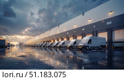 Modern Logistics Center with Parked Delivery Vans Ready for Dispatch in Bustling City. Стоковое AI-изображение, AI-художник Katsiaryna Repich / Фотобанк Лори