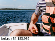 Karelia, Russia, 9 June 2019, Tourists sail on wooden sailboat on Lake Ladoga. Стоковое фото, фотограф Spirit River / Фотобанк Лори