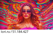 Charming woman is shown wearing sunglasses while standing against a vibrant and bright colorful background. She exudes a sense of style and confidence as she poses for the camera. Стоковое AI-видео, аниматор Данила Большаков / Фотобанк Лори