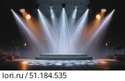 Bright stage with dynamic lighting creates an engaging atmosphere for performances during evening events. Стоковое AI-видео, аниматор Ekaterina Ismagilova / Фотобанк Лори