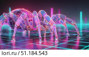 Futuristic digital spider crawling through a neon grid environment at night showcasing advanced design and technology. Стоковое AI-видео, аниматор Ekaterina Ismagilova / Фотобанк Лори