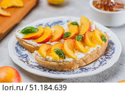 Bruschetta with ricotta cheese, sliced nectarines, basil and honey on a plate. Стоковое фото, фотограф Светлана Денисова / Фотобанк Лори