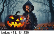 A young child in a skeleton costume kneels next to a lit pumpkin surrounded by fallen leaves on a chilly Halloween night. Стоковое AI-видео, аниматор Данила Большаков / Фотобанк Лори