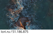 Top view of waves and rocks in sea. Стоковое видео, видеограф Михаил Коханчиков / Фотобанк Лори