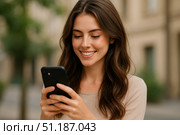 Красивая молодая женщина пользуется мобильным телефоном. Стоковое AI-изображение, AI-художник Екатерина Коробкова / Фотобанк Лори