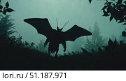 A shadowy figure with wings and horns stands ominously in a foggy forest, creating an atmosphere of suspense and intrigue. Стоковое AI-видео, аниматор Данила Большаков / Фотобанк Лори