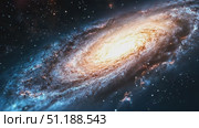 A breathtaking spiral galaxy illuminates the cosmos with a radiant golden core surrounded by swirling blue arms. This image symbolizes the vastness of space, cosmic exploration, and the mysteries of the universe. Ideal for illustrating Russian holidays such as Cosmonautics Day (April 12) or educational content related to astronomy and science celebrations. Стоковое AI-видео, аниматор Ксения Чунаева / Фотобанк Лори