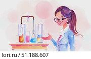 A cheerful scientist explains the steps of a water experiment while engaging with the audience in a bright lab environment. Стоковое AI-видео, аниматор Данила Большаков / Фотобанк Лори