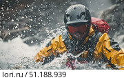 A skilled adventurer skillfully maneuvers through raging river rapids while wearing a bright yellow jacket. Стоковое AI-видео, аниматор Данила Большаков / Фотобанк Лори