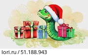 Watercolor cartoon of a green snake wearing a Santa hat and a red and white striped scarf, surrounded by wrapped presents. Стоковое AI-видео, аниматор Данила Большаков / Фотобанк Лори