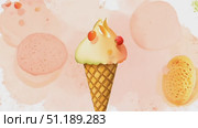 An ice cream cone sits against a bright backdrop, surrounded by playful pastel shapes, capturing the essence of a joyful summer day. Стоковое AI-видео, аниматор Данила Большаков / Фотобанк Лори