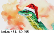 A vibrant green serpent, adorned with a Santa hat, gracefully interacts with soft, colorful mist, embodying the spirit of the holiday season. Стоковое AI-видео, аниматор Данила Большаков / Фотобанк Лори