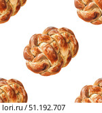 Watercolor repeating pattern of braided challah bread with sesame seeds and glossy finish. Versatile design for holiday menus and culinary content. Стоковое AI-изображение, AI-художник Светлана Леуто / Фотобанк Лори
