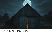 Eerie barn illuminated by glowing light under a full moon with bats flying in the night sky. Стоковое AI-видео, аниматор Данил Руденко / Фотобанк Лори