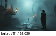 Eerie clown stands in foggy carnival scene, observing mysterious figure approaching in shadows. Стоковое AI-видео, аниматор Данил Руденко / Фотобанк Лори