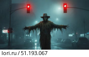 Eerie figure in foggy street with red traffic lights creating a suspenseful atmosphere. Стоковое AI-видео, аниматор Данил Руденко / Фотобанк Лори