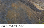 The texture of multicolored sand. Close-up. There are furrows from streams and green grass on the hillside. Mauritius. 23 coloured earth. La Vallée Des Couleurs Nature Park. Стоковое фото, фотограф Вера Ивановна Кубарева / Фотобанк Лори