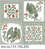 Slavic Mythology Alkonost Bird-Women and Floral Ornaments, Vintage Folk Art Square Tile Pattern with Berries. Стоковая иллюстрация, иллюстратор Анастасия Лембрик / Фотобанк Лори