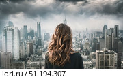 Woman stands in front of a city skyline, towering buildings creating a striking backdrop. She looks out over the urban landscape, taking in the view of cityscape. Стоковое AI-видео, аниматор Данила Большаков / Фотобанк Лори