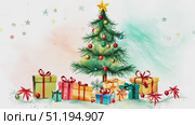 A festive Christmas tree adorned with ornaments stands surrounded by cheerful gifts wrapped in vibrant paper, spreading holiday joy. Стоковое AI-видео, аниматор Данила Большаков / Фотобанк Лори