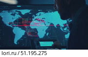 A dynamic digital interface displays a world map, highlighting network data and real-time updates relevant to international data transfers and analytics. Стоковое AI-видео, аниматор Данила Большаков / Фотобанк Лори