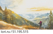 Experience breathtaking views as hikers navigate a scenic mountain trail surrounded by vivid fall colors at sunset in the countryside. Стоковое AI-видео, аниматор Данила Большаков / Фотобанк Лори