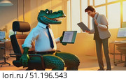 In the office, a suited crocodile engages with a man, sharing ideas and plans as sunlight pours through large windows. Стоковое AI-видео, аниматор Данила Большаков / Фотобанк Лори