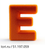 The letter E is made of fuzzy orange hair. It is a large, fluffy letter that stands out against the white background. Стоковое AI-изображение, AI-художник Ярославский Максим / Фотобанк Лори