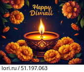 A colorful image of a lit candle in a bowl surrounded by orange flowers. Стоковое AI-изображение, AI-художник Ярославский Максим / Фотобанк Лори