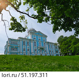 Особняк Воронцова (усадьба Новознаменка, Санкт-Петербург), сине-белый дворец в стиле барокко работы Трезини и Ринальди, летний вид с зелёным лугом. Стоковое фото, фотограф Елена  Попкова / Фотобанк Лори