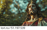 Jesus in crown of thorns with red drops on his face. Стоковое AI-изображение, AI-художник Anastasy Yarmolovich / Фотобанк Лори