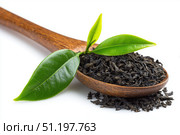 Dry black tea leaves in a wooden spoon isolated on white background. Pile of Dried fermented tea. Black Tea Leaves Heap. Close Up, Macro. Texture. Copy Space. Dried Tea. Abstract Food Drink Backdrop. Стоковое AI-изображение, AI-художник Марина Демидюк / Фотобанк Лори