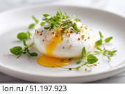 Poached egg on a white background. Close up of Eggs Benedict with liquid egg yolk running out. healthy breakfast. Close-up, macro. High key, studio. Delicious eggs served on a plate with fresh herbs. Стоковое AI-изображение, AI-художник Марина Демидюк / Фотобанк Лори