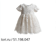 Baby girl lace dress isolated on white background. Fashion Clothes for Children. White kids dress with floral pattern, short sleeves. Cute ivory dress for little daughter. Babyhood, clothing concept. Стоковое AI-изображение, AI-художник Марина Демидюк / Фотобанк Лори