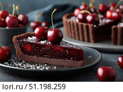 Slice of cherry chocolate tart on a dark background. Cake is covered in a glossy red cherry filling and garnished with smooth crust and fresh cherries on top. Piece of Chocolate Cherry Cheesecake. Стоковое AI-изображение, AI-художник Марина Демидюк / Фотобанк Лори