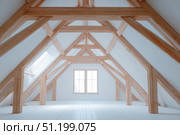 Attic interior of an off-frame construction house with wooden beams and a gable roof structure. Newly constructed A-frame wood attic with beams and unfinished walls. Newly-built buildings, or homes. Стоковое AI-изображение, AI-художник Марина Демидюк / Фотобанк Лори