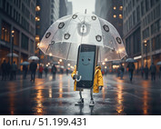 Мобильный телефон под защитой.  Цифровая безопасность, защита от вирусов. Стоковое AI-изображение, AI-художник Елена Ардвеньева / Фотобанк Лори