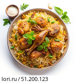 Close-Up of Chicken Biryani With Parsley Garnish. Generative AI. Стоковое AI-изображение, AI-художник Roman Zavorotny / Фотобанк Лори
