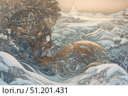 A fantasy illustration in the Art Nouveau style with elements of mythology and decorative ornaments. In the center of the composition is a girl with closed eyes, in long elegant clothes and a headdress decorated with feathers and complex patterns. Her figure seems to be woven into ornate plant ornaments that smoothly flow into the surrounding winter landscape. The entire scene is shrouded in soft shades of blue, gray and gold, which creates a sense of magic and mystery. The background is filled with snow-capped hills, frozen trees and a distant mountain reaching into the sky. The illustration looks like a combination of nature, magic and dreams, evoking associations with fairy tales and myths of northern peoples. Стоковое AI-изображение, AI-художник Анна Кривицкая / Фотобанк Лори