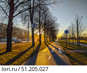 Saint-Petersburg, Russia - December 8th, 2020. Sunset view of bicycle road in Saint-Petersburg. Редакционное фото, фотограф Denis Vostrikov / Фотобанк Лори
