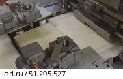 conveyor at a confectionery factory coating wafer plates with chocolate mass and assembling wafers. Стоковое видео, видеограф Алексей Сергеев / Фотобанк Лори