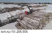 aerial photography of unloading logs from a car trailer using a manipulator. Стоковое видео, видеограф Алексей Сергеев / Фотобанк Лори