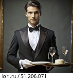 A Formal Waiter in a Tuxedo Serving a Plate and Glasses on a Tray. Generative AI. Стоковое AI-изображение, AI-художник Roman Zavorotny / Фотобанк Лори