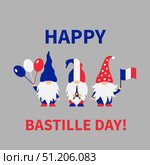 Bastille Day gnomes with flag of France. French patriotic gnomes. Vector template for poster, banner, party invitation, greeting card, flyer, sticker. Стоковая иллюстрация, иллюстратор Вера Федорова / Фотобанк Лори
